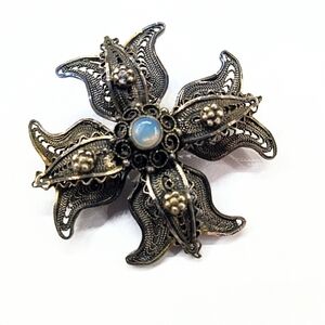 Vintage Small Maltese Cross Opal Pin 900 Silver Jerusalem Signed